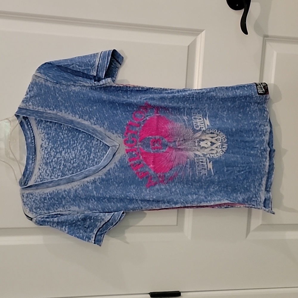 Affliction t-shirt, faded blue, textured pink print detail Large, fits snug